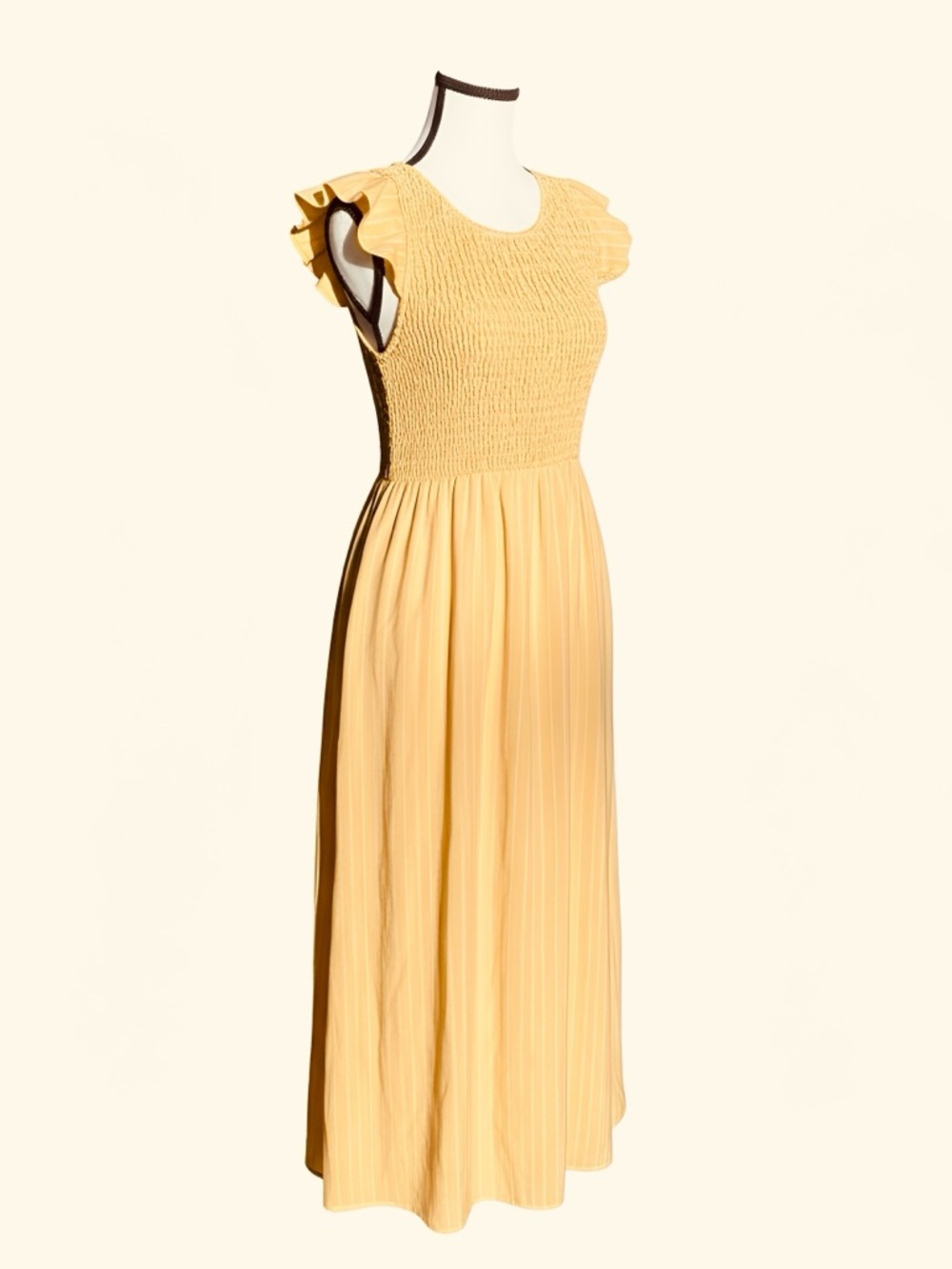 L Love Smocked Bodice Yellow Maxi Dress with Flutter Sleeves - Large, Like New